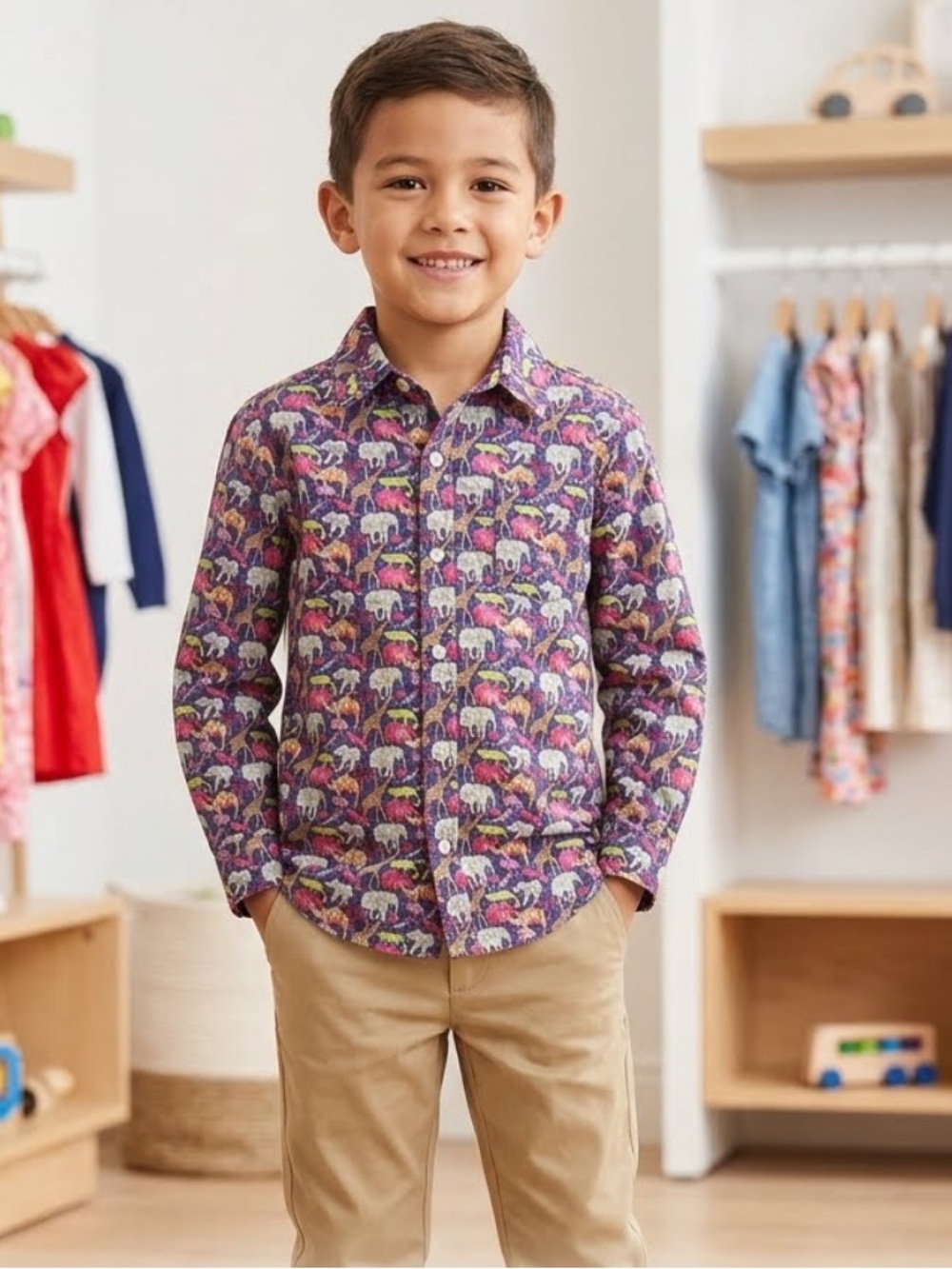 Janie and Jack Boys' Long-Sleeve Animal Print Button-Up Shirt - Multicolor - 5T